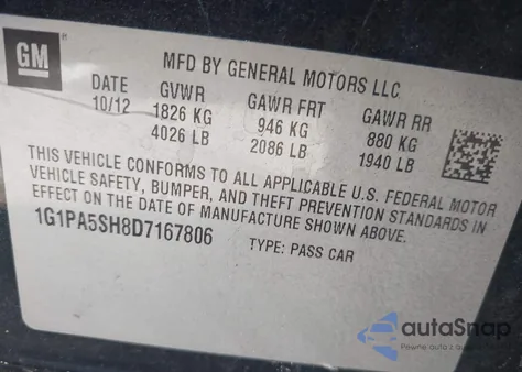 2013 Chevrolet Cruze Ls Auto z USA, uszkodzony, nr VIN 1G1PA5SH8D7167806